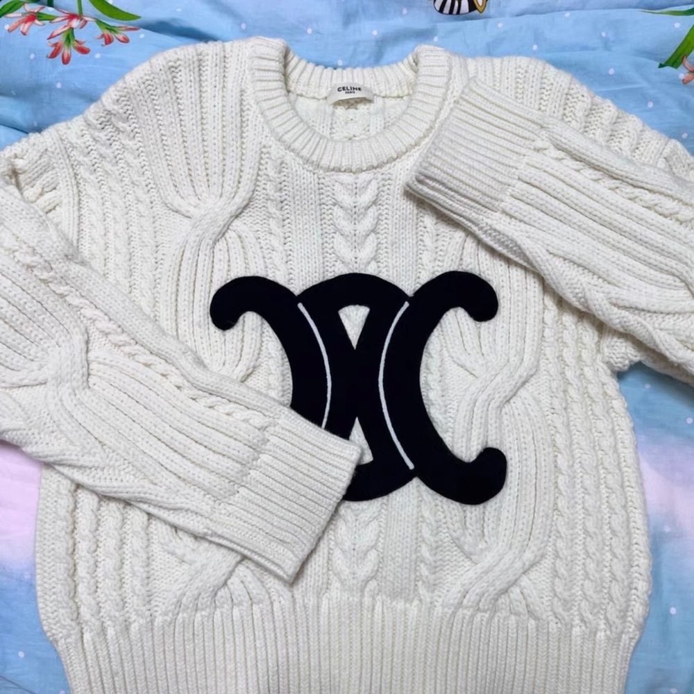 Celine Cream Cable Knit Sweater with Black Logo